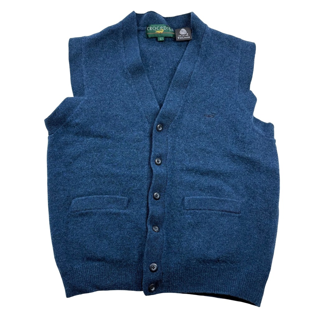 Crocodile Mens Blue Pure New Wool Button Front Cardigan Sweater Vest Size L